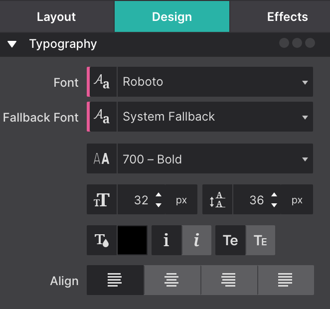 Font Familiy Applied per Type
