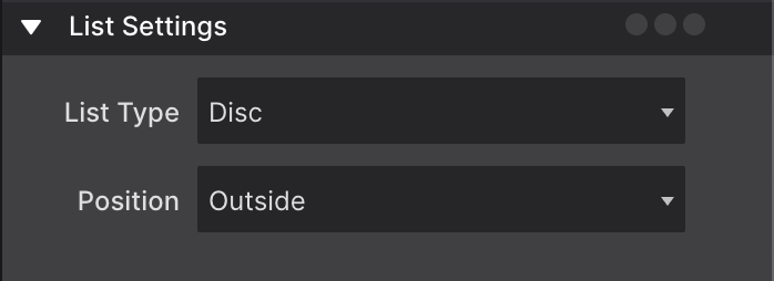 List Settings screenshot of the control