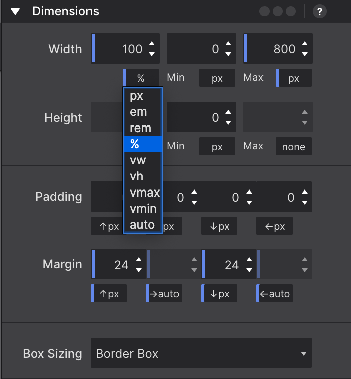 Units Dropdown for Dimensions