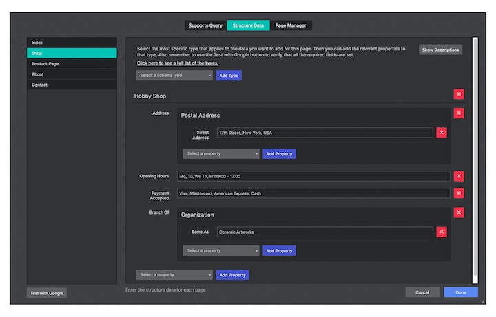 The Structured Data panel in the Page Manager, with the Schema.org type dropdown and the Test with Google button