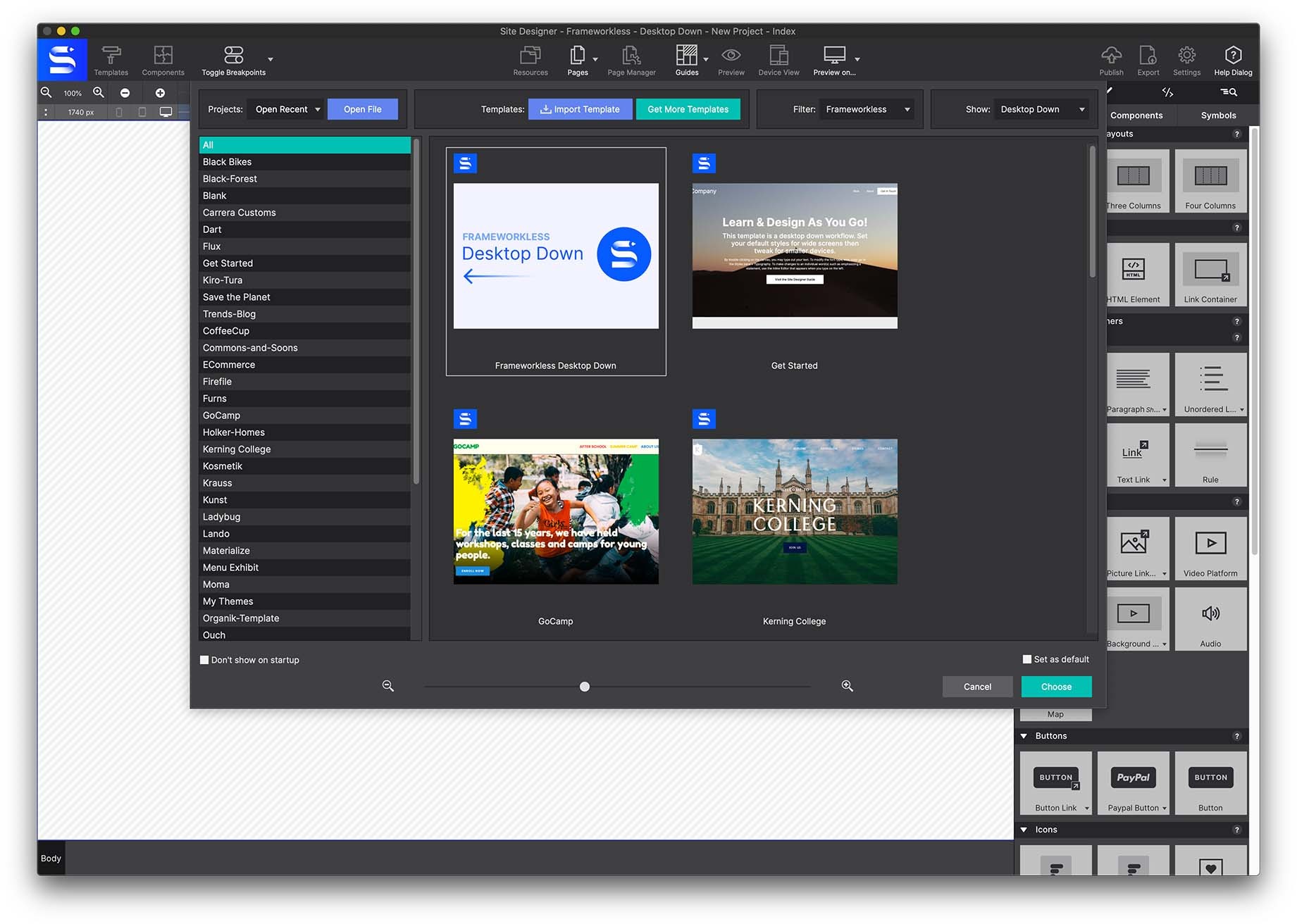 Choosing the frameworkless desktop-down starting point