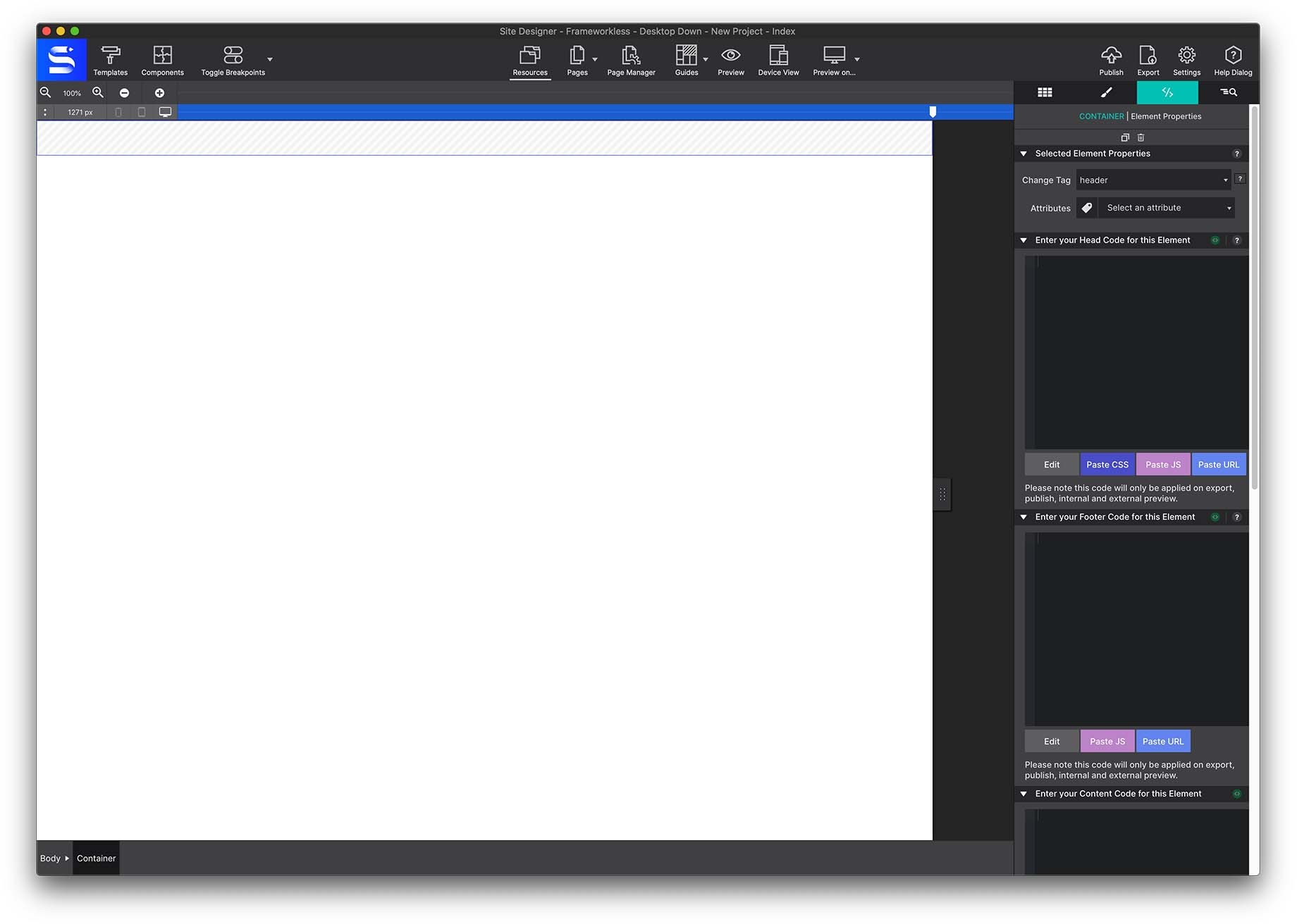 The header container on the canvas