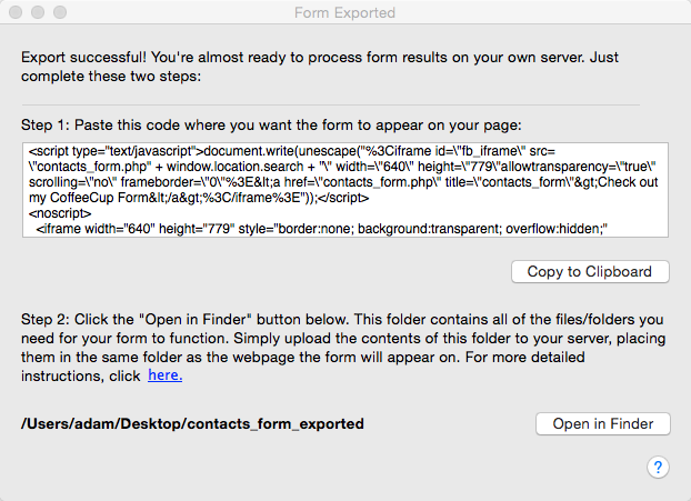 The manual server setup export dialog