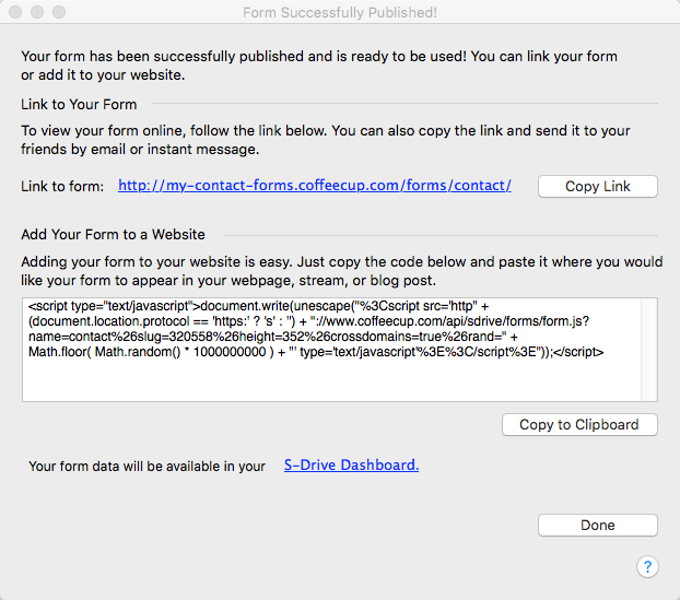 The publish dialog with the embed code