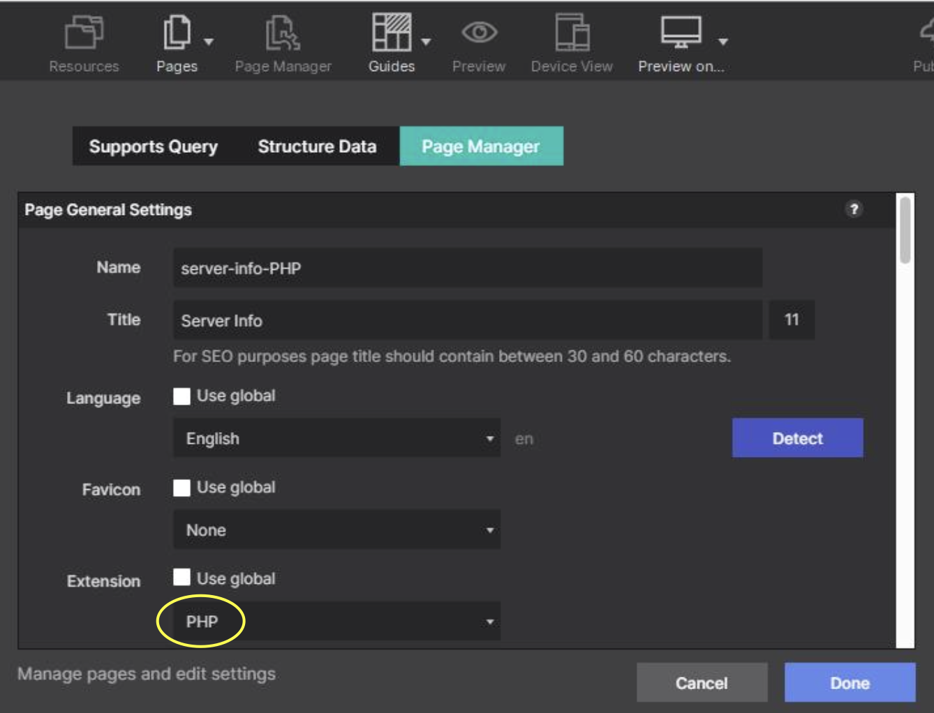 Page properties with the file extension set to php