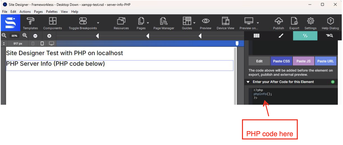 The phpinfo() call added to the page