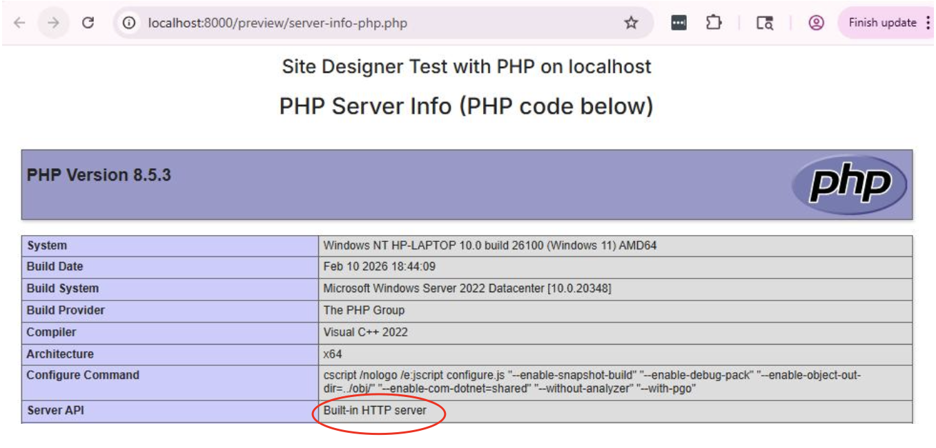 The phpinfo output served by PHP's built-in web server