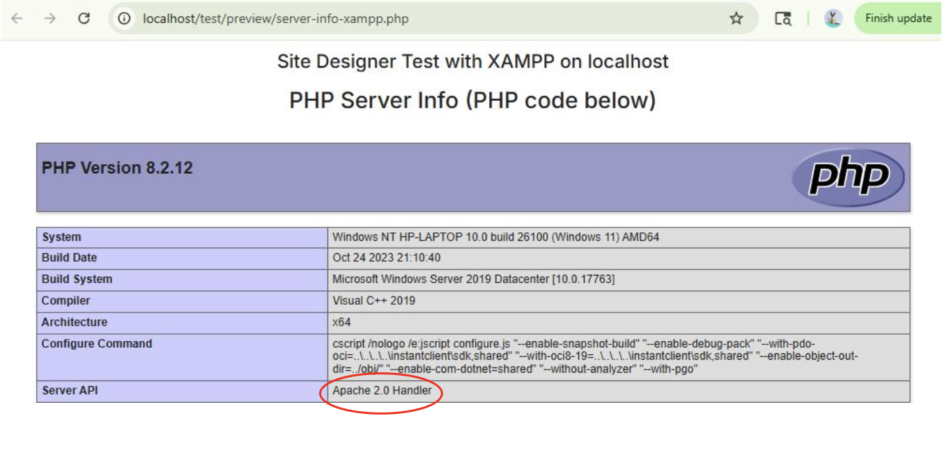 The phpinfo output served by XAMPP