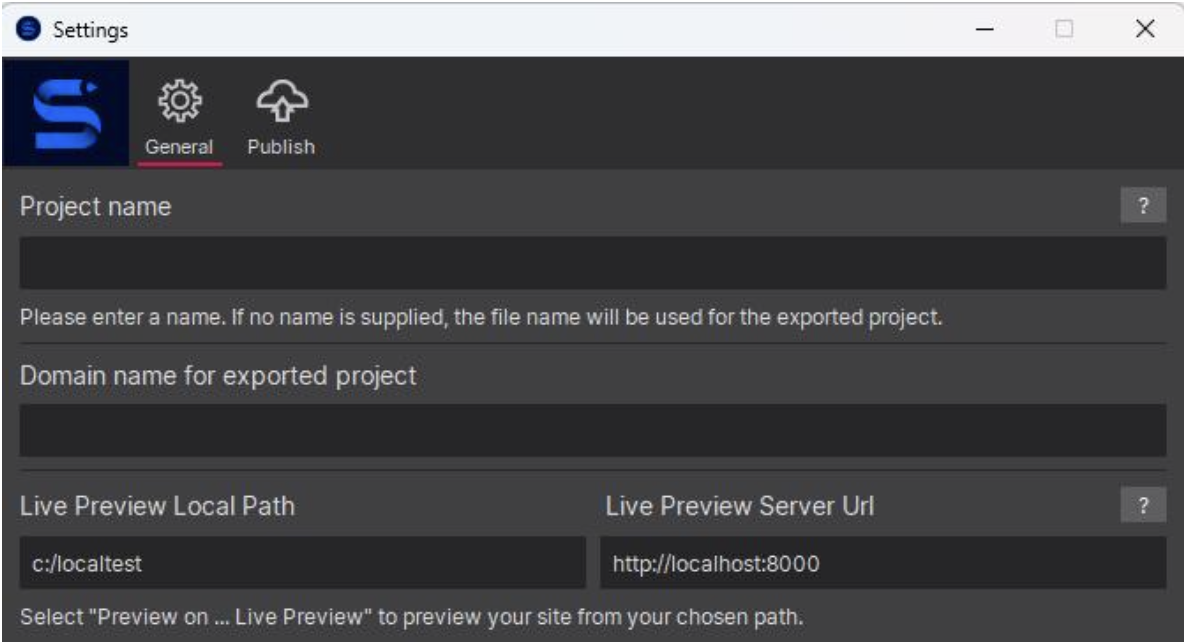 Site Designer Settings with Live Preview Local Path set to c:/localtest and Live Preview Server Url set to http://localhost:8000