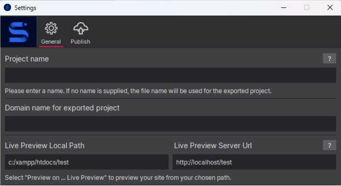 Site Designer Settings with Live Preview Local Path set to c:/xampp/htdocs/test and Live Preview Server Url set to http://localhost/test