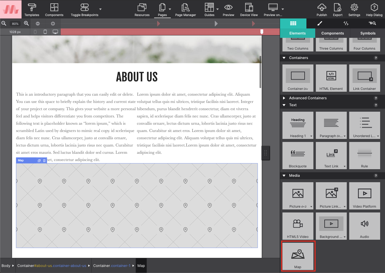 Adding the Map element from the Content pane