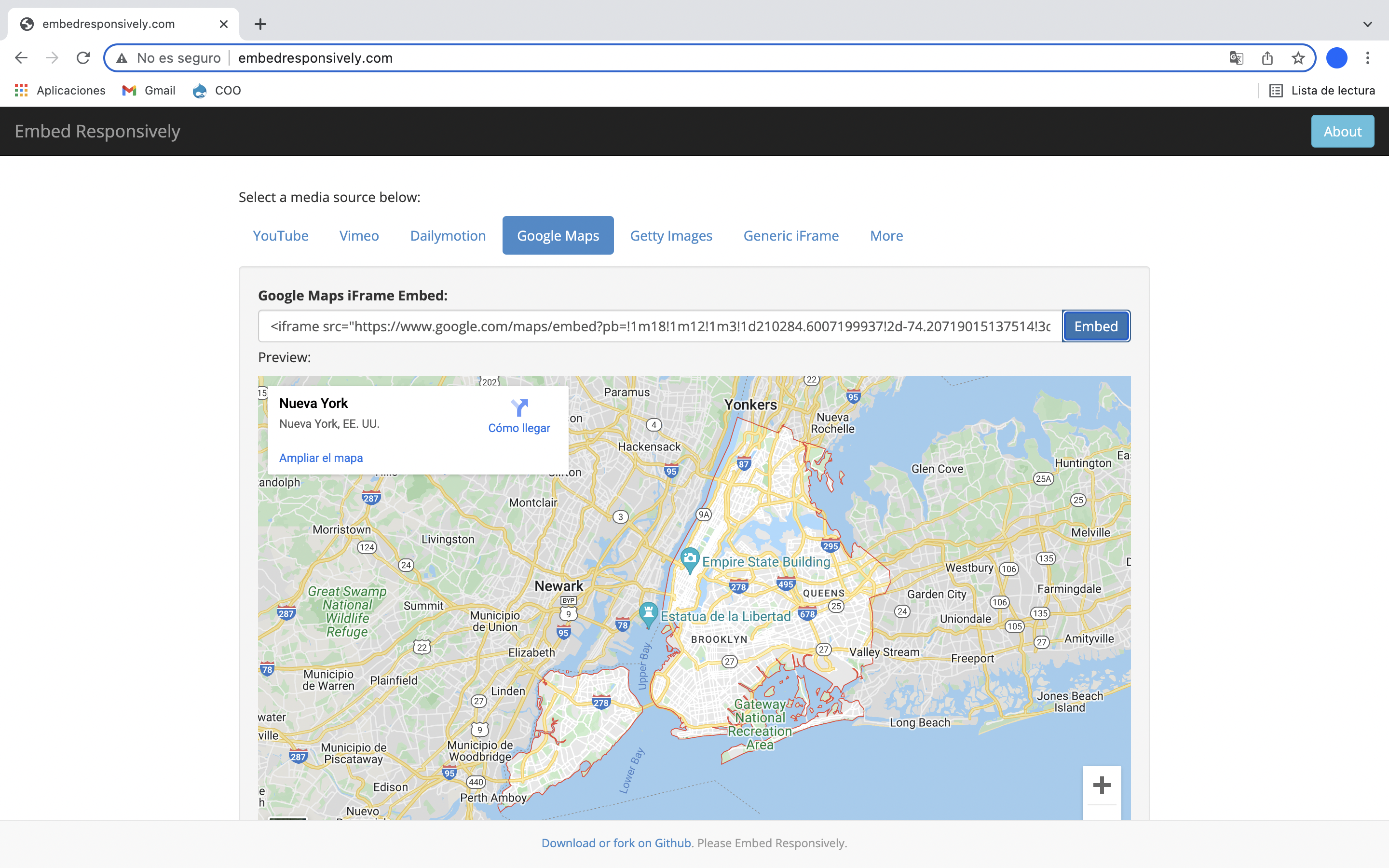 Pasting the map link into Embed Responsively