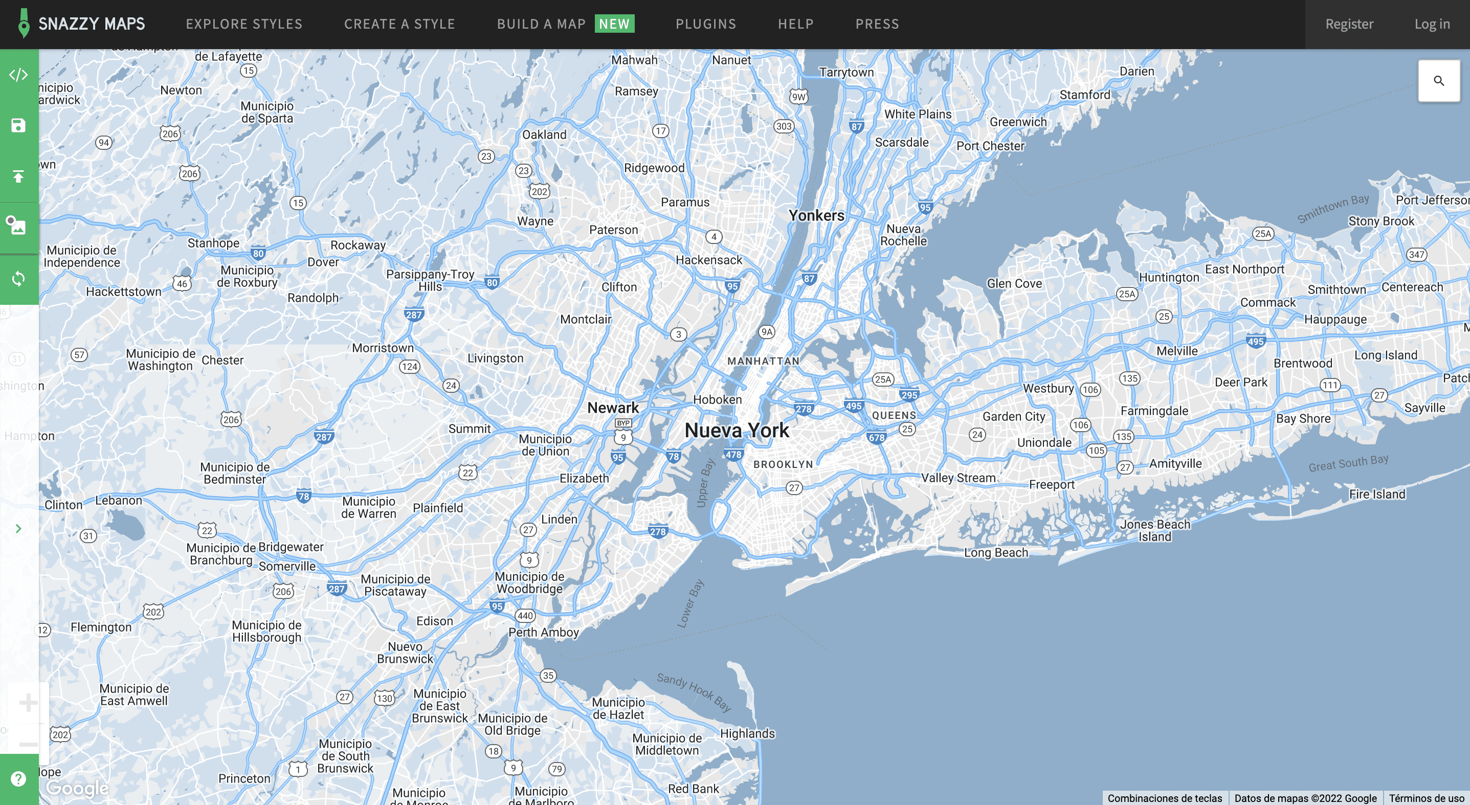A restyled Google map of the New York area in the Snazzy Maps editor
