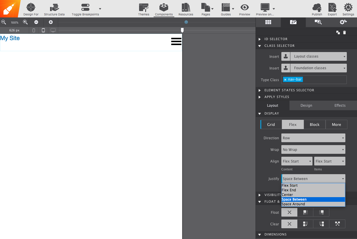The nav bar laid out with flex