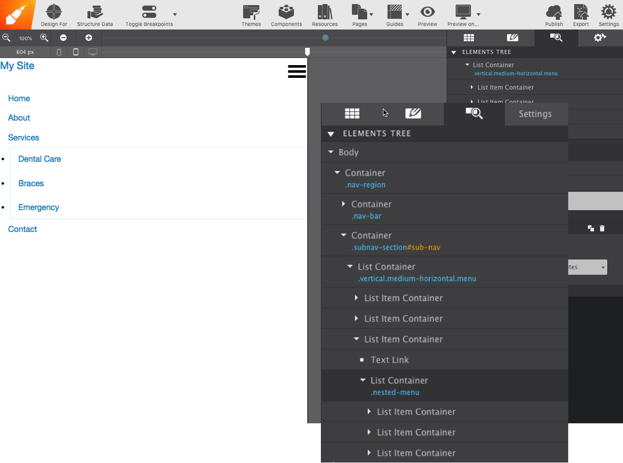 The nested menu structure