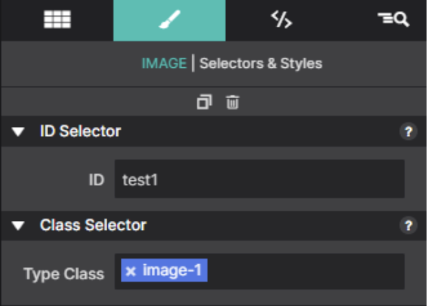 The Selectors and Styles pane for an Image element, with the ID test1 and the class image-1