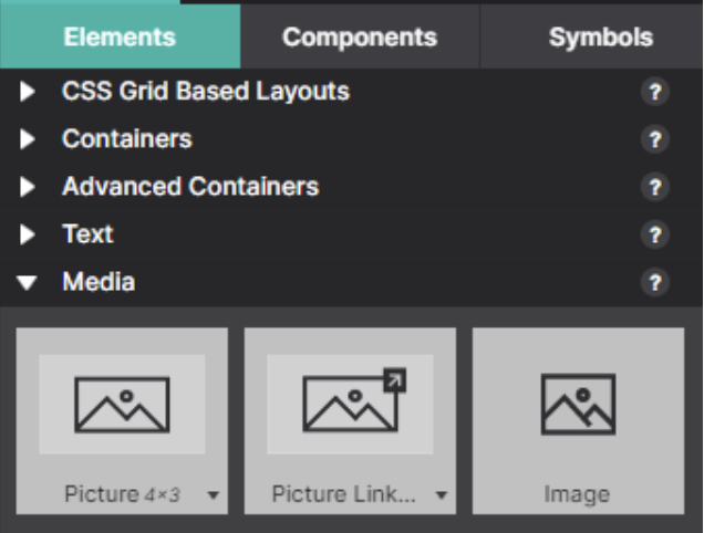 The Media group of the Elements panel showing Picture, Picture Link and the new Image element