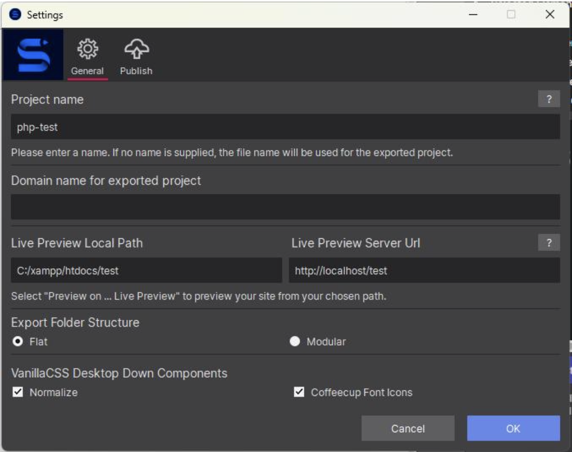 Site Designer Settings with Live Preview Local Path set to c:/xampp/htdocs/test and Live Preview Server Url set to http://localhost/test