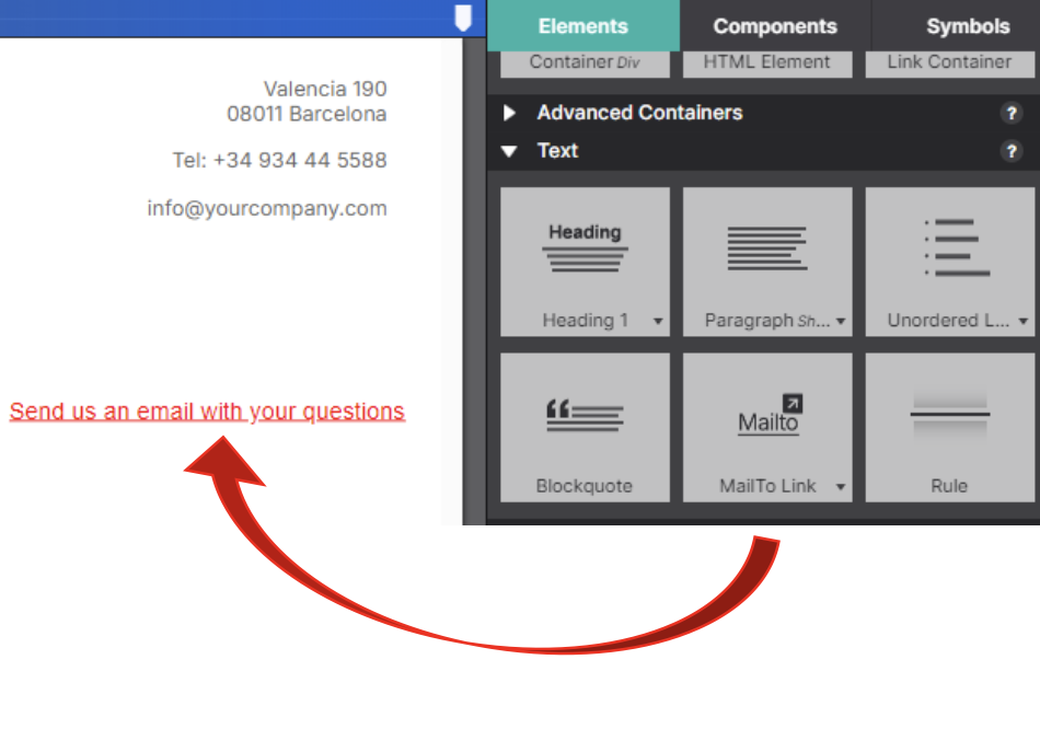 The Text group of the Elements panel with the MailTo Link element, and the resulting link on the canvas
