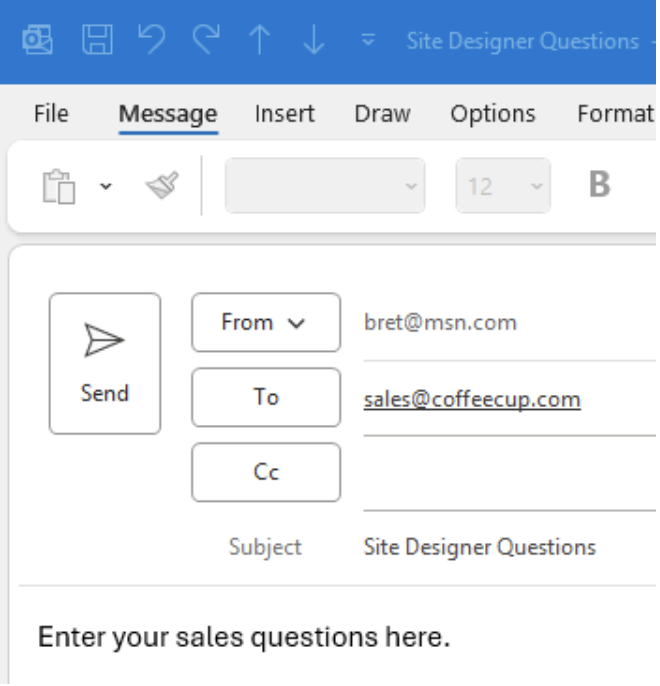 A mail compose window opened from the link, with the recipient, subject and body pre-populated