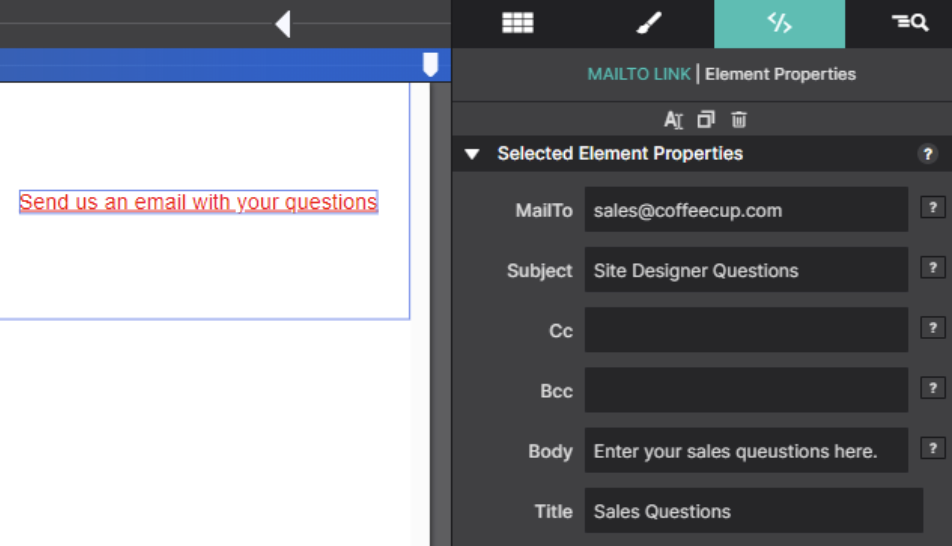 The Mailto element's fields in the Element Properties pane — MailTo, Subject, Cc, Bcc, Body and Title