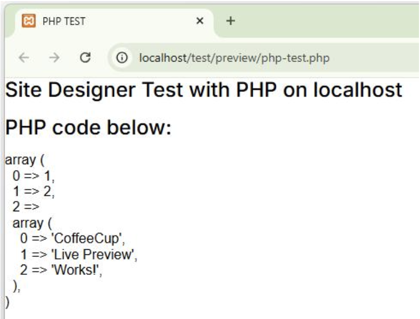 A browser showing the var_export output of the PHP array, served from localhost