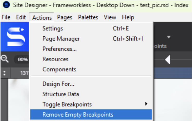 The Actions menu open with Remove Empty Breakpoints selected