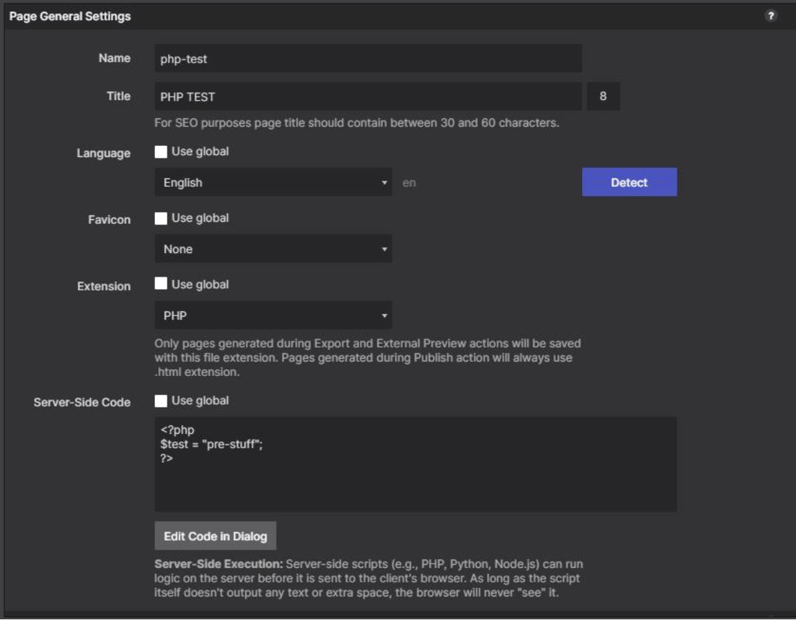 The Server-Side Code field in Page General Settings, holding a small PHP block, with the Extension set to PHP