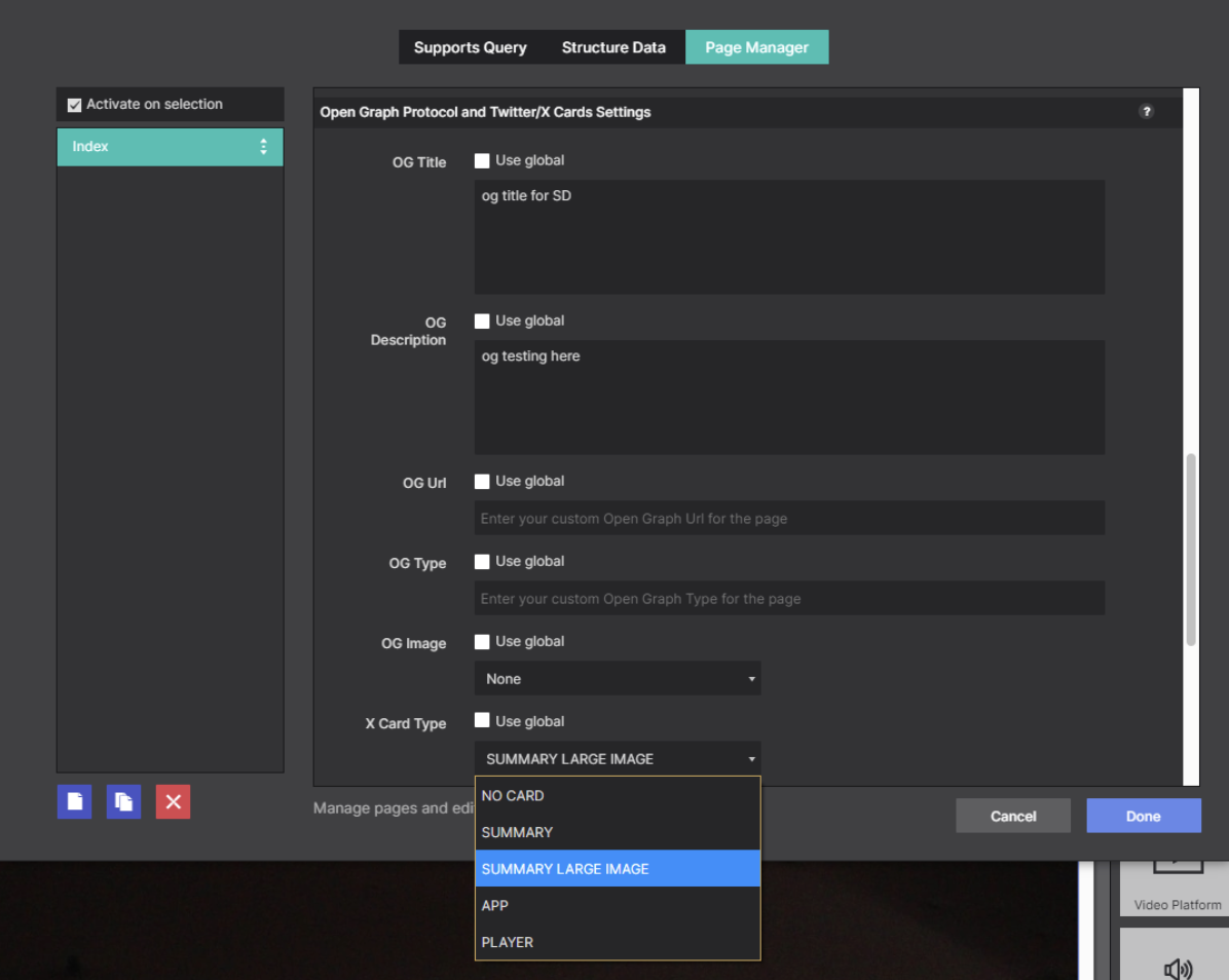 The Open Graph Protocol and Twitter/X Cards Settings panel with the X Card Type list open on Summary Large Image