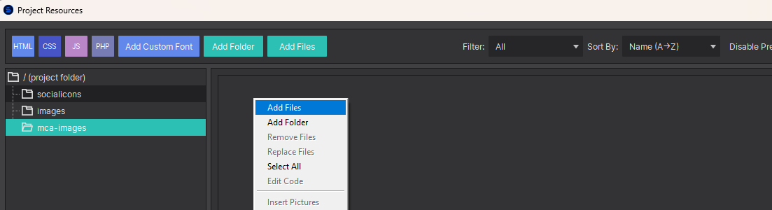 Resources window with the right-click context menu open, showing 'Add Files' option highlighted in blue
