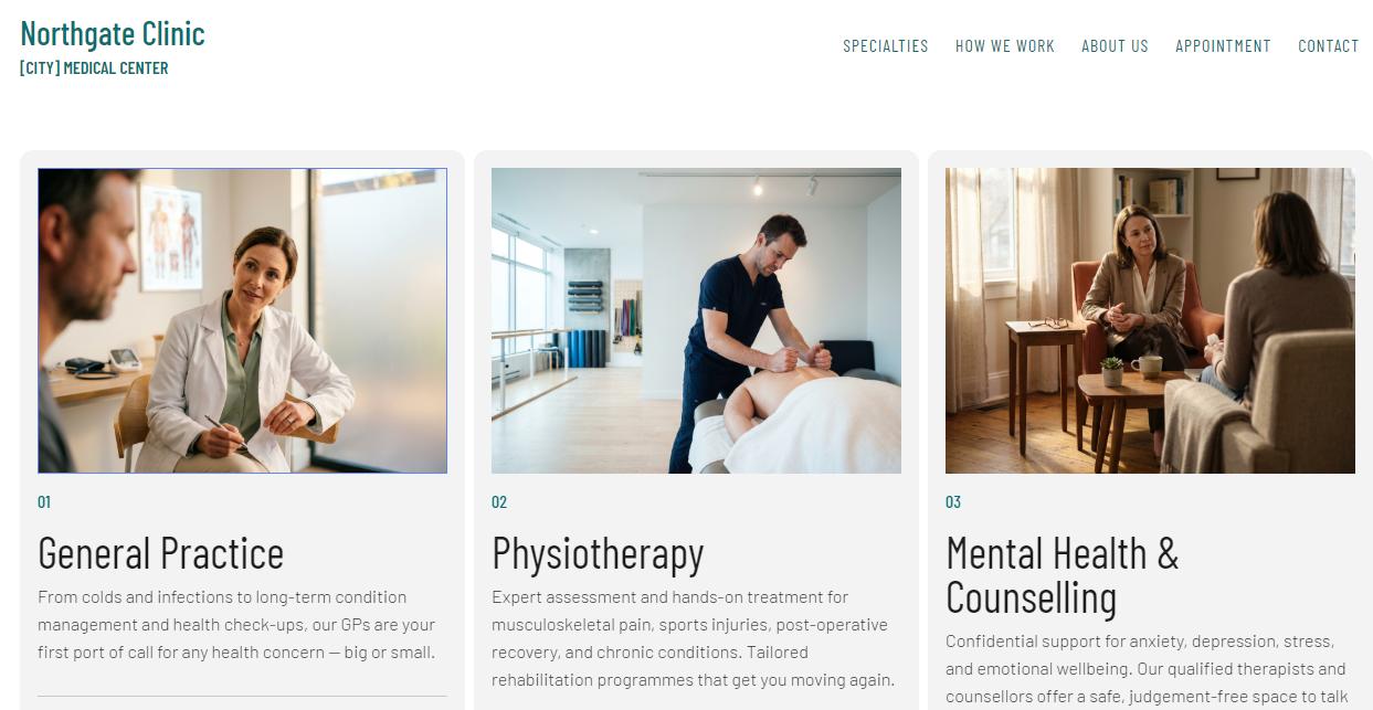 Site Designer canvas showing the Northgate Clinic site with all three section images updated to new custom photos