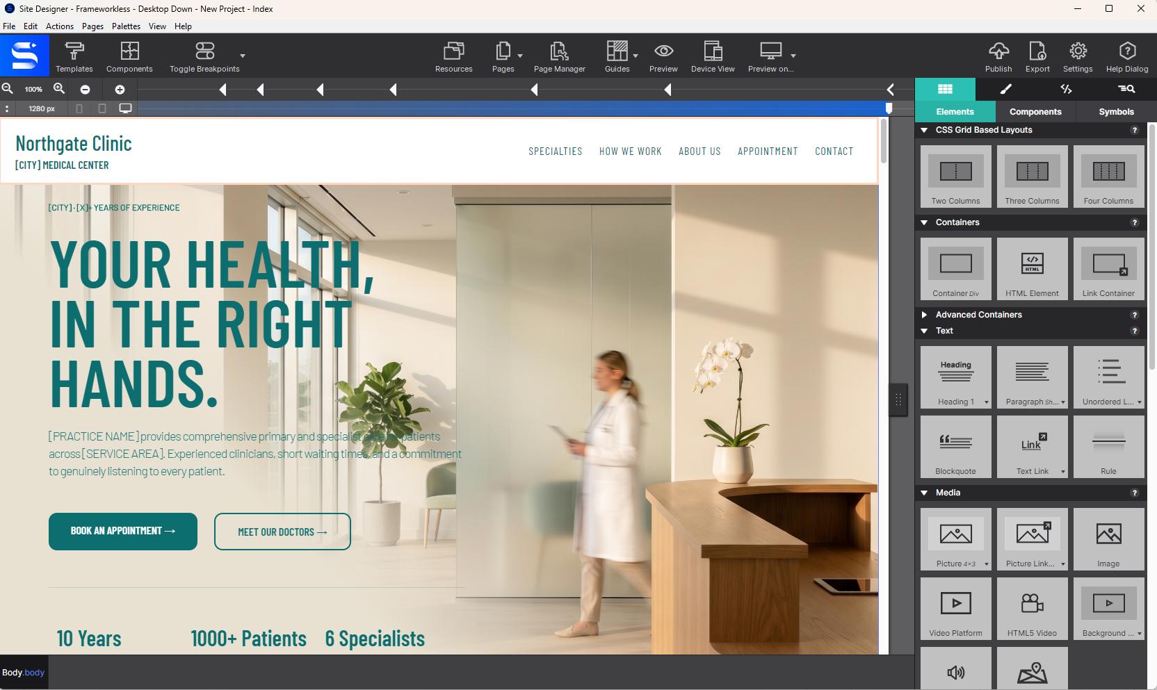 Site Designer canvas showing the Northgate Clinic template open with toolbar, canvas, and right panel visible