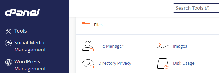 cPanel dashboard showing the Files section with File Manager, Images, Directory Privacy, and Disk Usage options