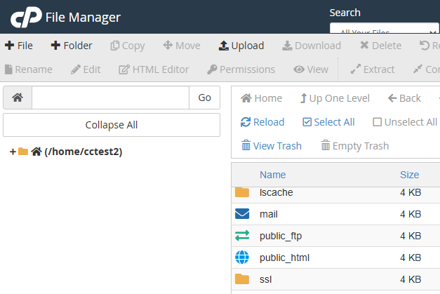 cPanel File Manager showing the Upload button in the toolbar and the public_html folder in the directory tree