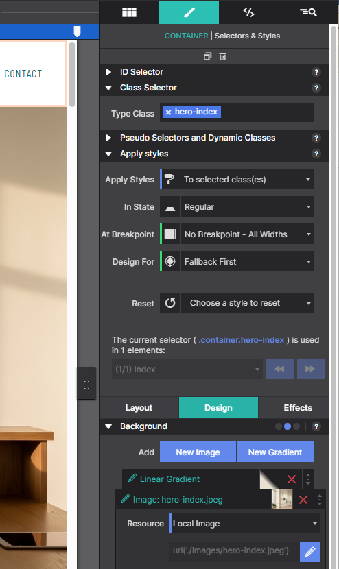 Selectors & Styles panel showing the Design tab with the Background section expanded. The image row 'Image: hero-index.jpeg' is visible with a pencil edit icon.