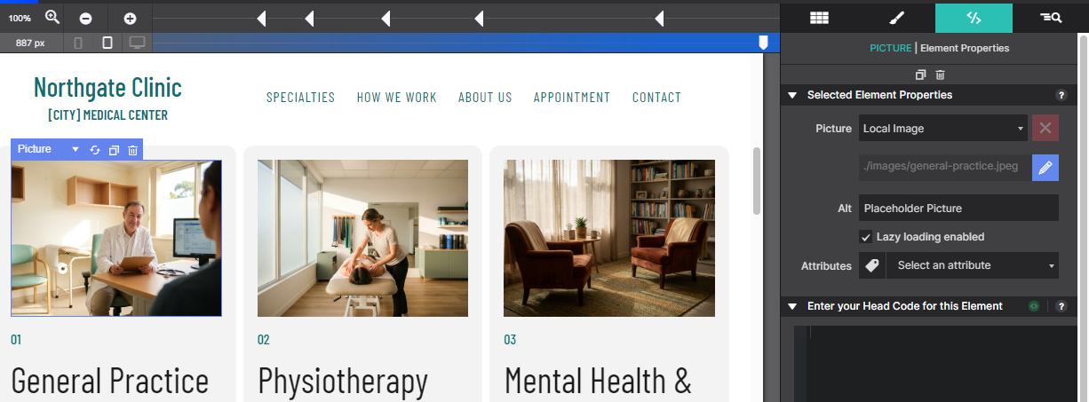 Site Designer canvas with a Picture element selected showing the Element Properties tab in the right panel, with the image file path and a pencil edit icon visible