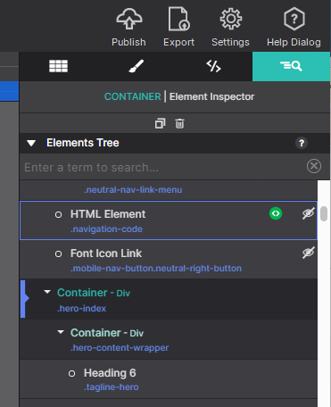 Inspector panel on the right side showing the Elements Tree with Container - Div .hero-index visible