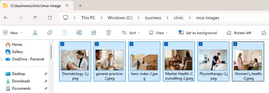 Windows file explorer showing a folder with 6 medical images selected (Dermatology, general-practice, hero-index, Mental-Health, Physiotherapy, Women's health)