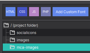 Resources folder tree showing the new mca-images folder highlighted in teal below the existing socialicons and images folders