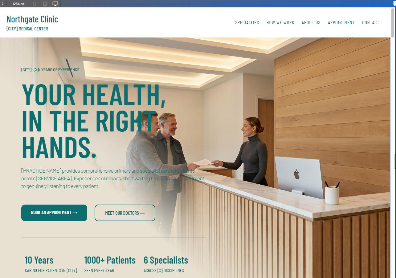 Site Designer canvas showing the Northgate Clinic site with the new custom hero background image applied — a modern clinic reception area