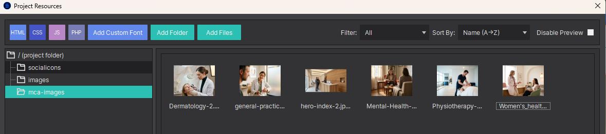 Project Resources window showing 6 uploaded image thumbnails in the right panel under the mca-images folder