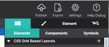 Site Designer toolbar close-up with the Publish button circled in red, next to Export, Settings, and Help Dialog buttons