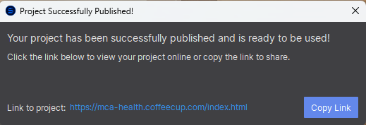 'Project Successfully Published!' success dialog showing the live URL https://mca-health.coffeecup.com/index.html and a Copy Link button