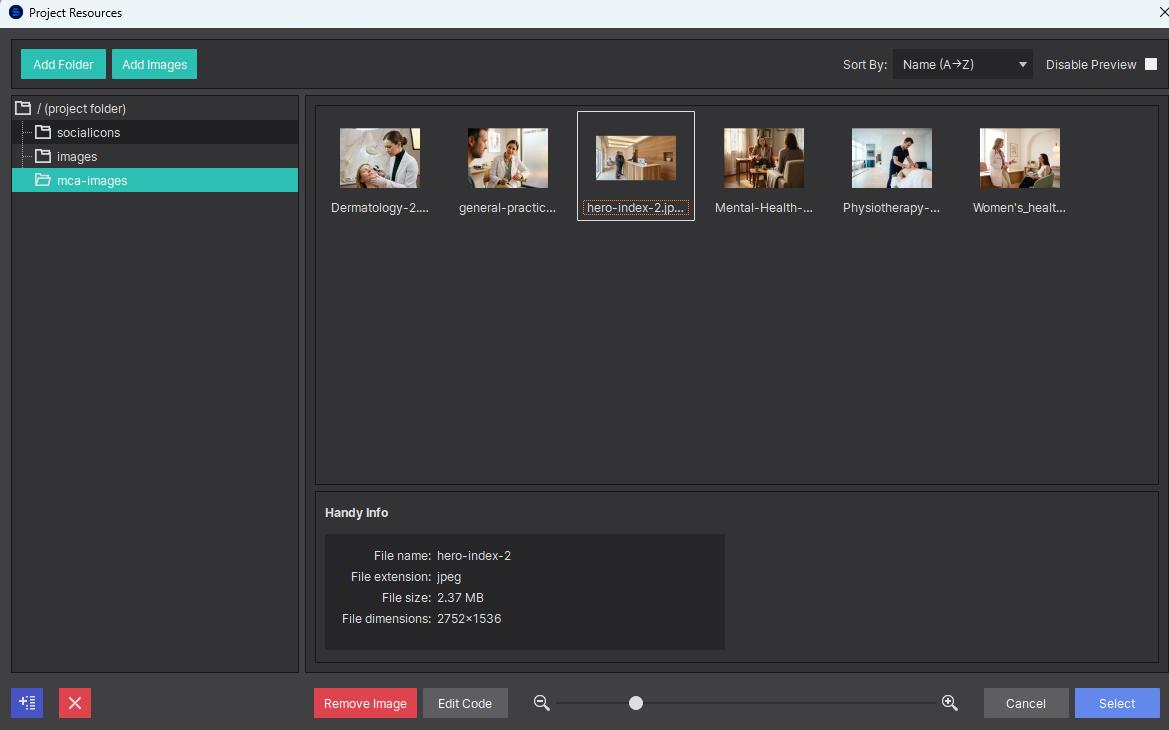 Project Resources window with mca-images folder selected on left, the new hero-index-2 image highlighted in the right panel, and the Select button circled at bottom right