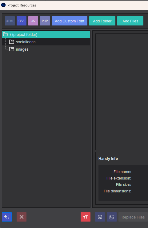 Project Resources window showing the folder tree with socialicons and images folders, and the Add Folder button at bottom