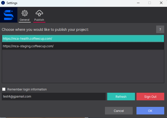 S-Drive site chooser dialog showing 'https://mca-health.coffeecup.com/' highlighted in teal and a second staging site below it