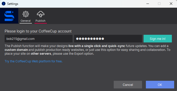 Settings dialog open on the Publish tab showing the CoffeeCup account login form with email, password, and 'Sign me in!' button