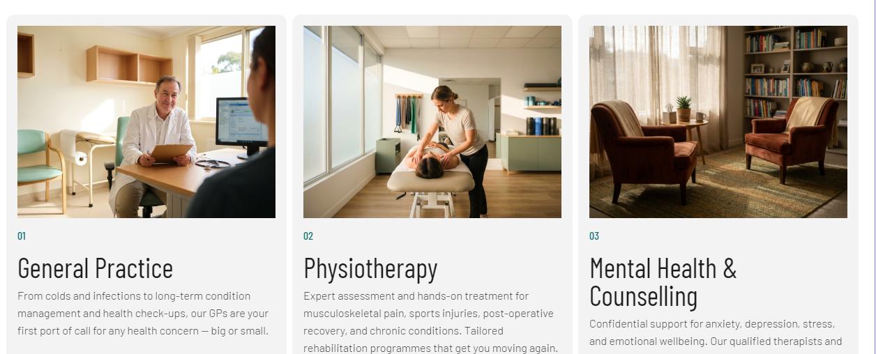 The three section images on the Northgate canvas: General Practice (01), Physiotherapy (02), and Mental Health & Counselling (03)