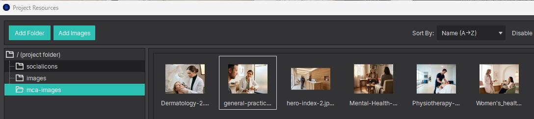 Project Resources window with mca-images selected on left and the new general-practice-2 image highlighted in the grid, with the Select button circled
