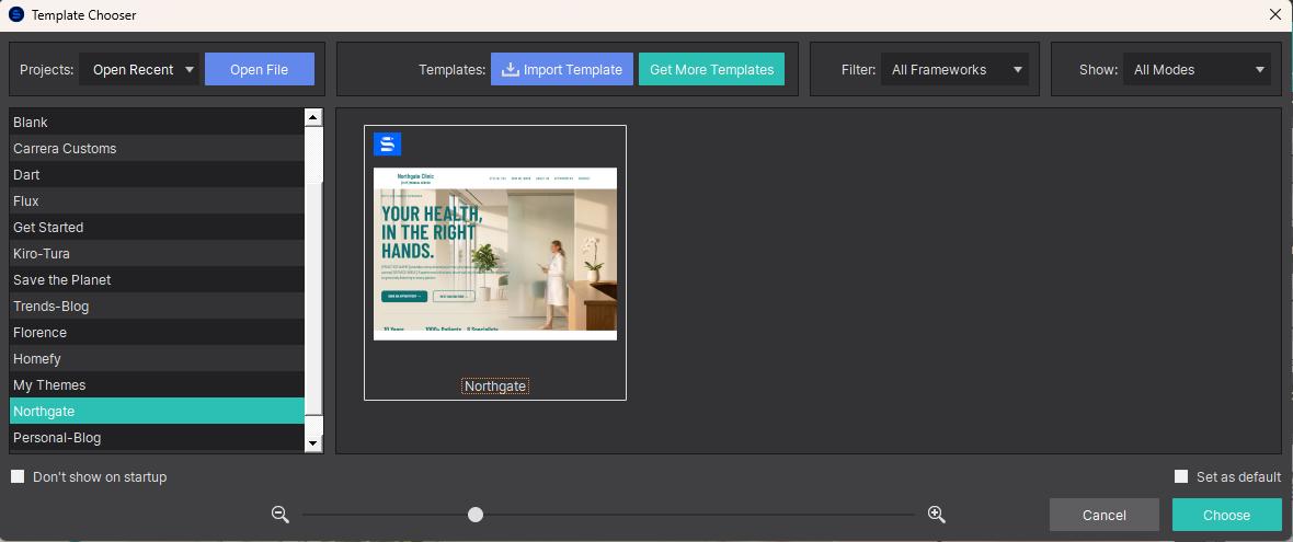 Template Chooser dialog with Northgate highlighted in the left panel and the Choose button circled at bottom right